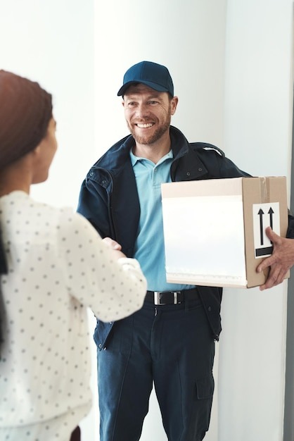 Delivery man happy woman custome